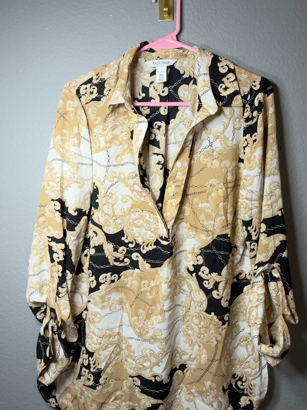 White House Black Market Black, Cream & Tan Scroll-Print Button-Up Blouse